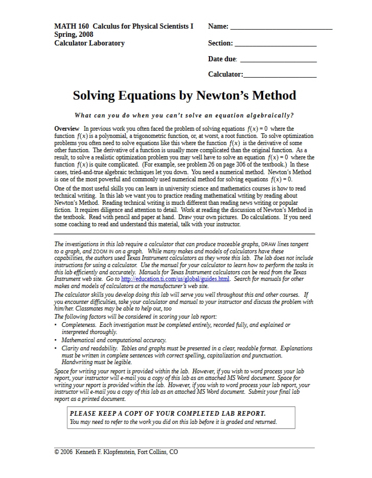 Newton's Method for Equation Solving