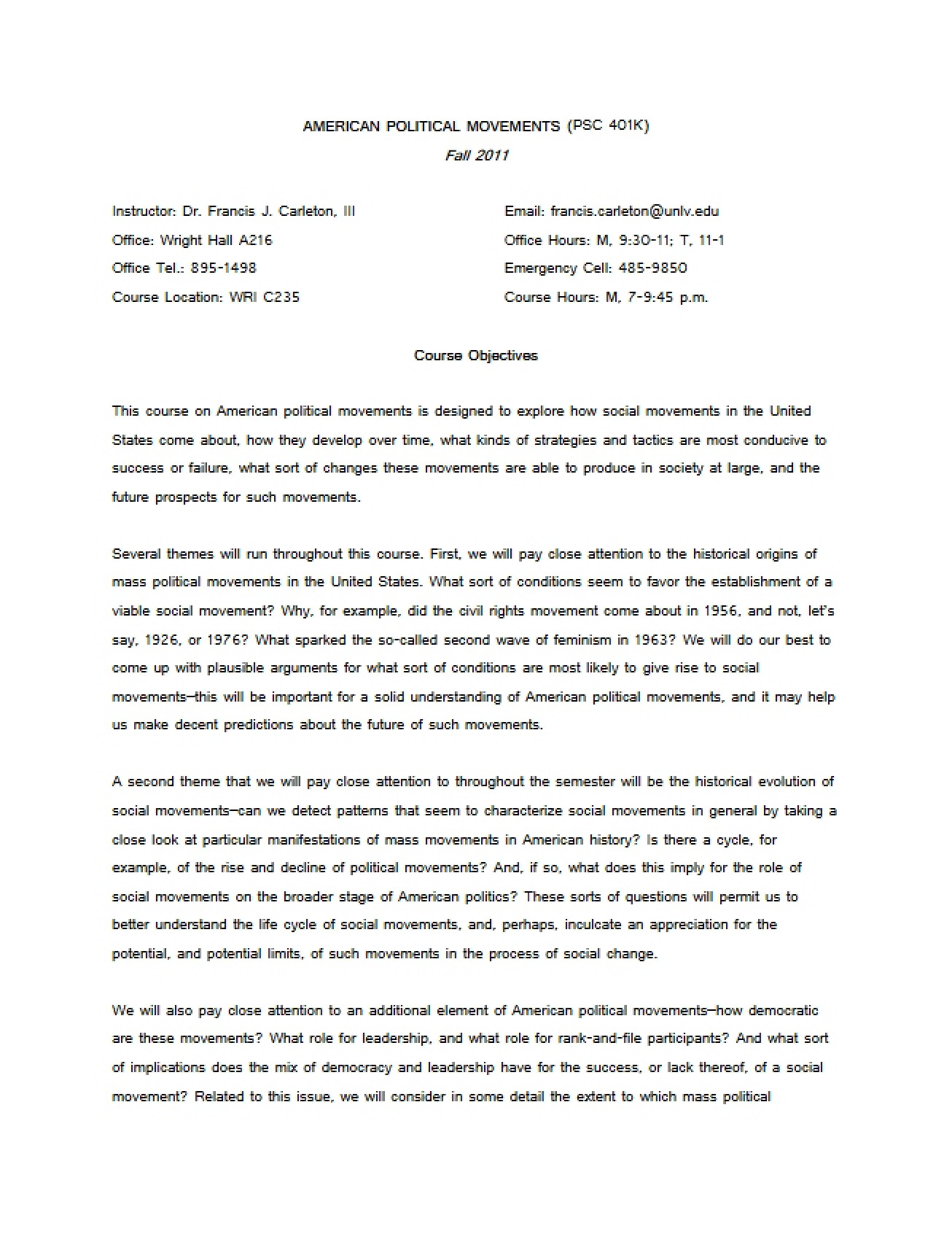 Course Outline American Political Movements