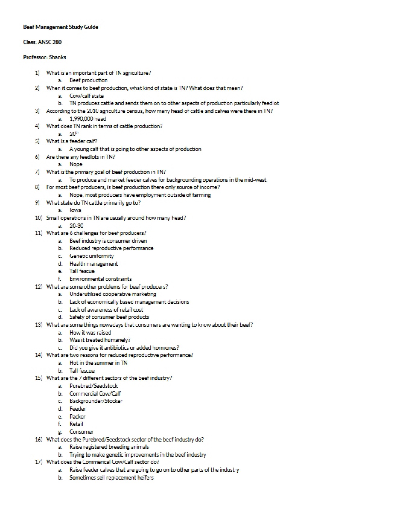 Study Guide for Beef Management