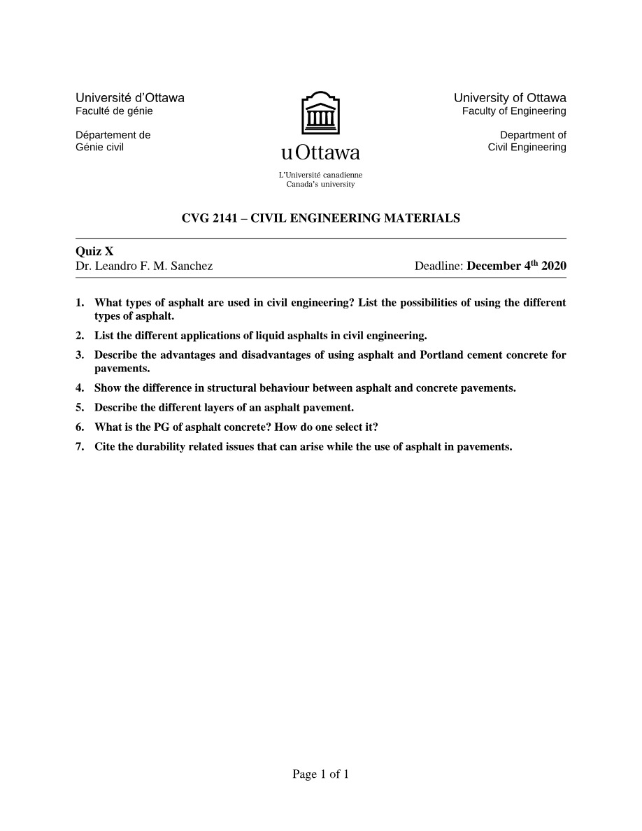 Civil Engineering Materials (CVG 2141) - Quiz X