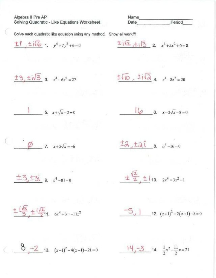 Quadratic-Like Equations Worksheet Key