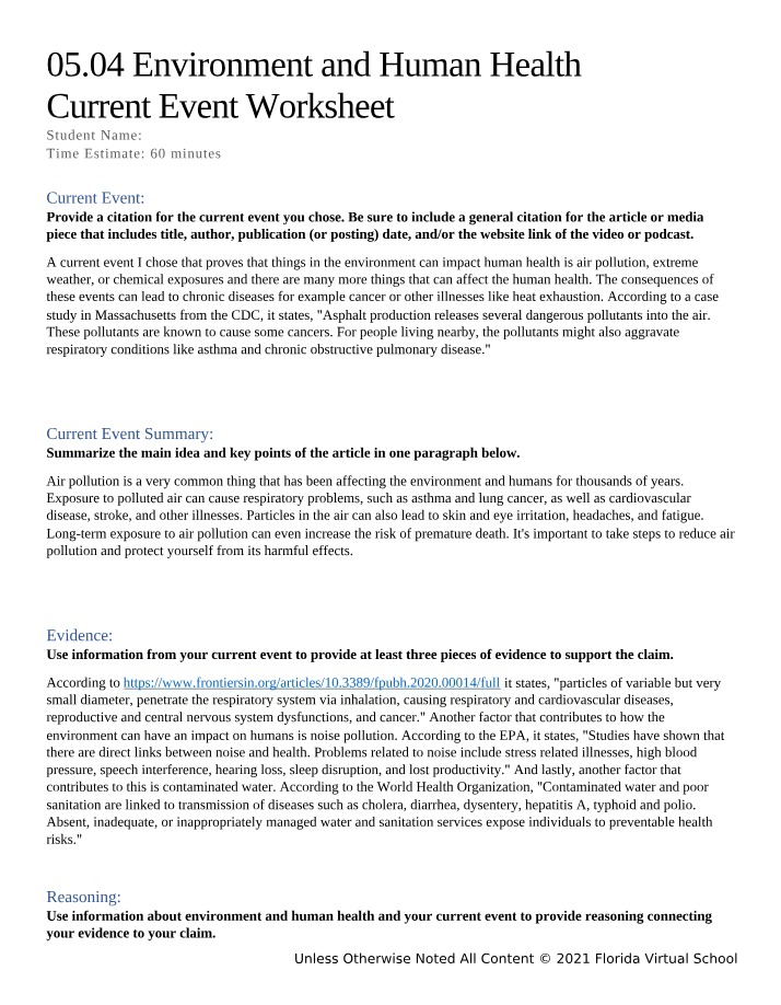 05.04 Environment and Human Health Current Event Worksheet Section 1