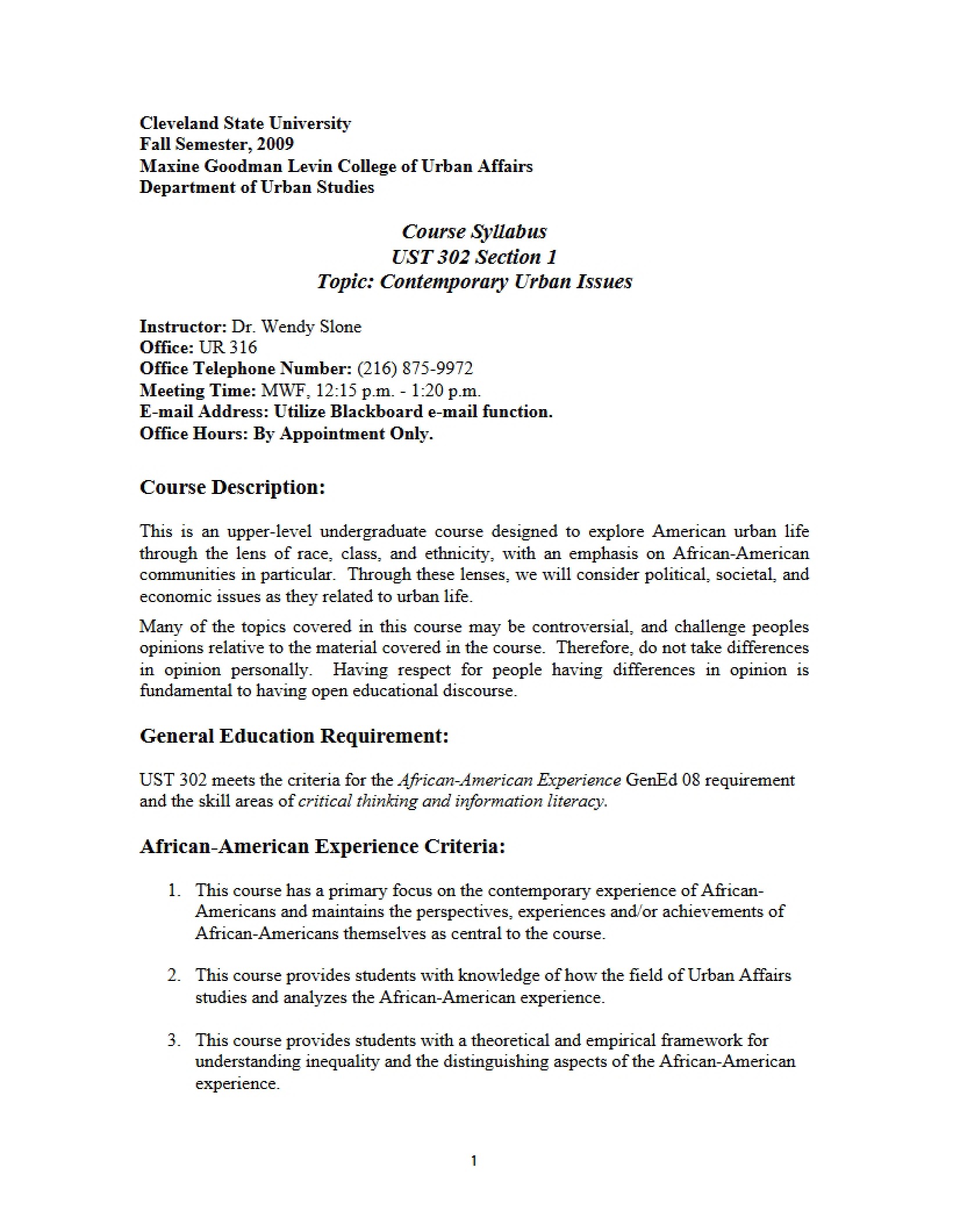 Contemporary Urban Issues Class Syllabus