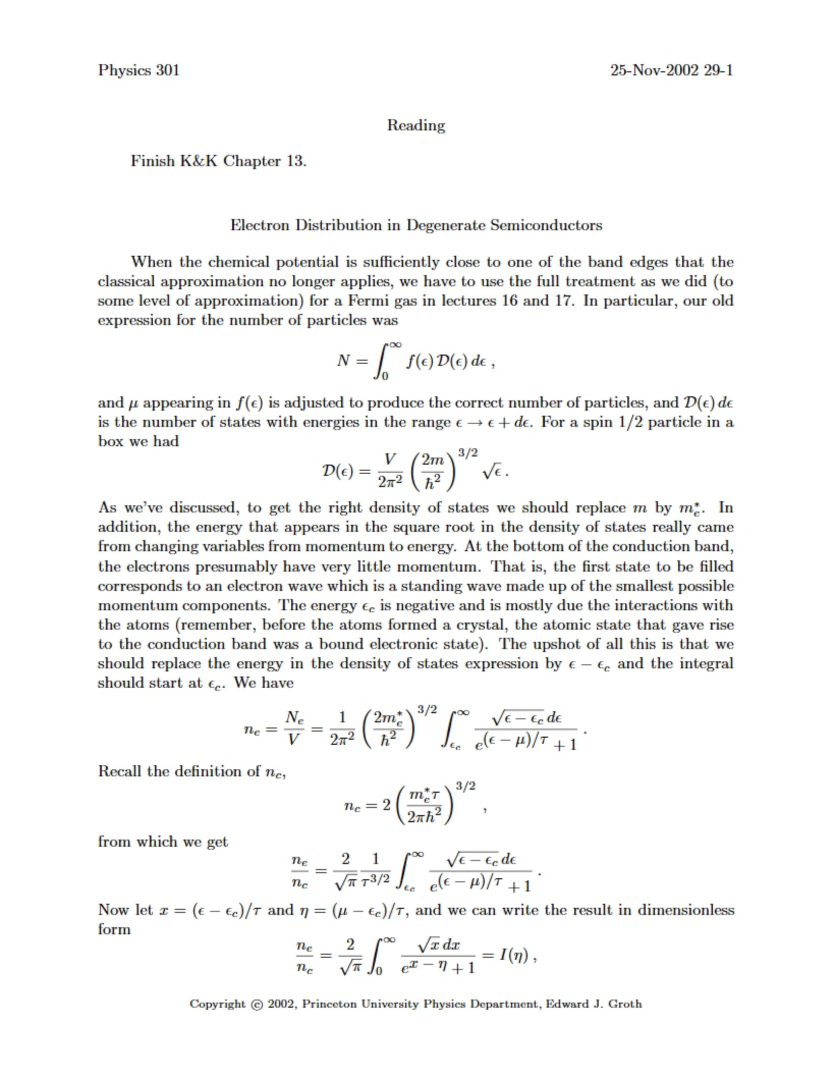 Degenerate Semiconductors Electron Distribution