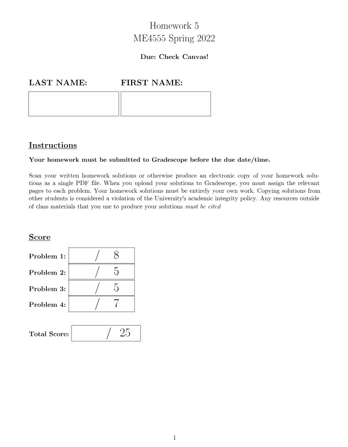 Homework 5 Problems and Instructions - ME4555 Spring 2022