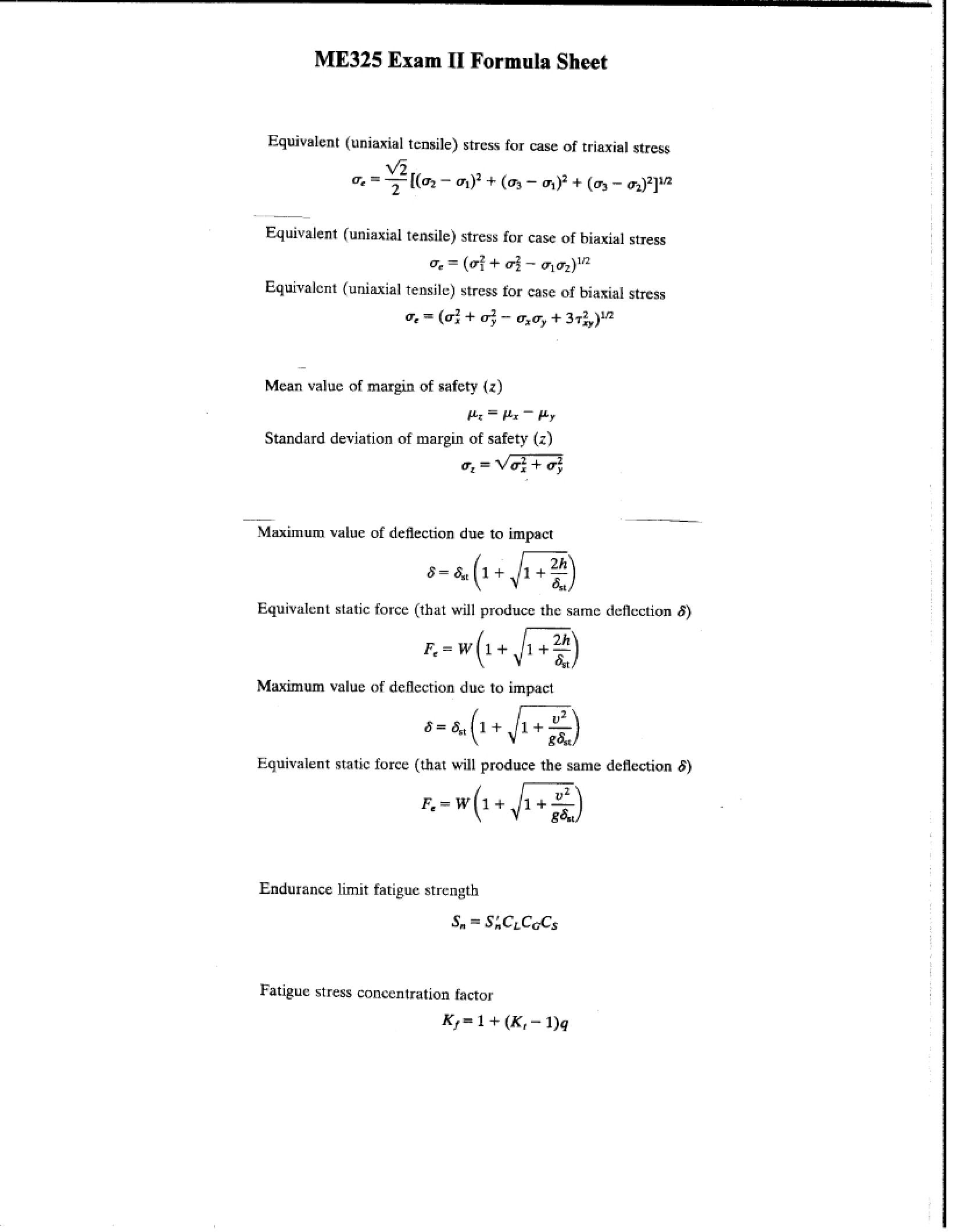 Formula Sheet for Exam