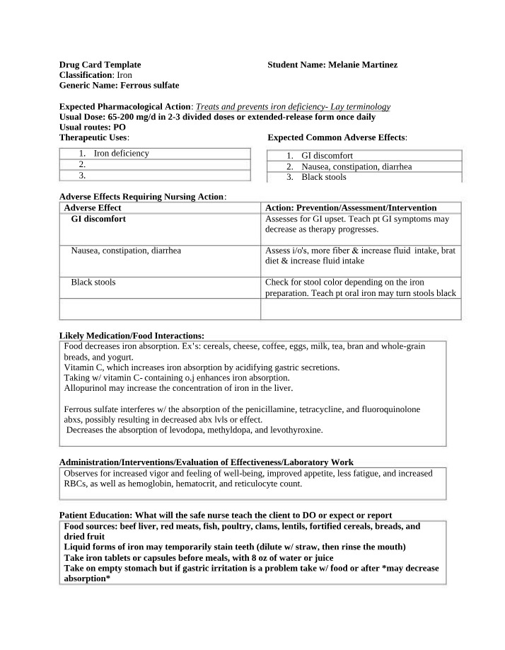 Ferrous Sulfate Drug Card Template for Iron Deficiency