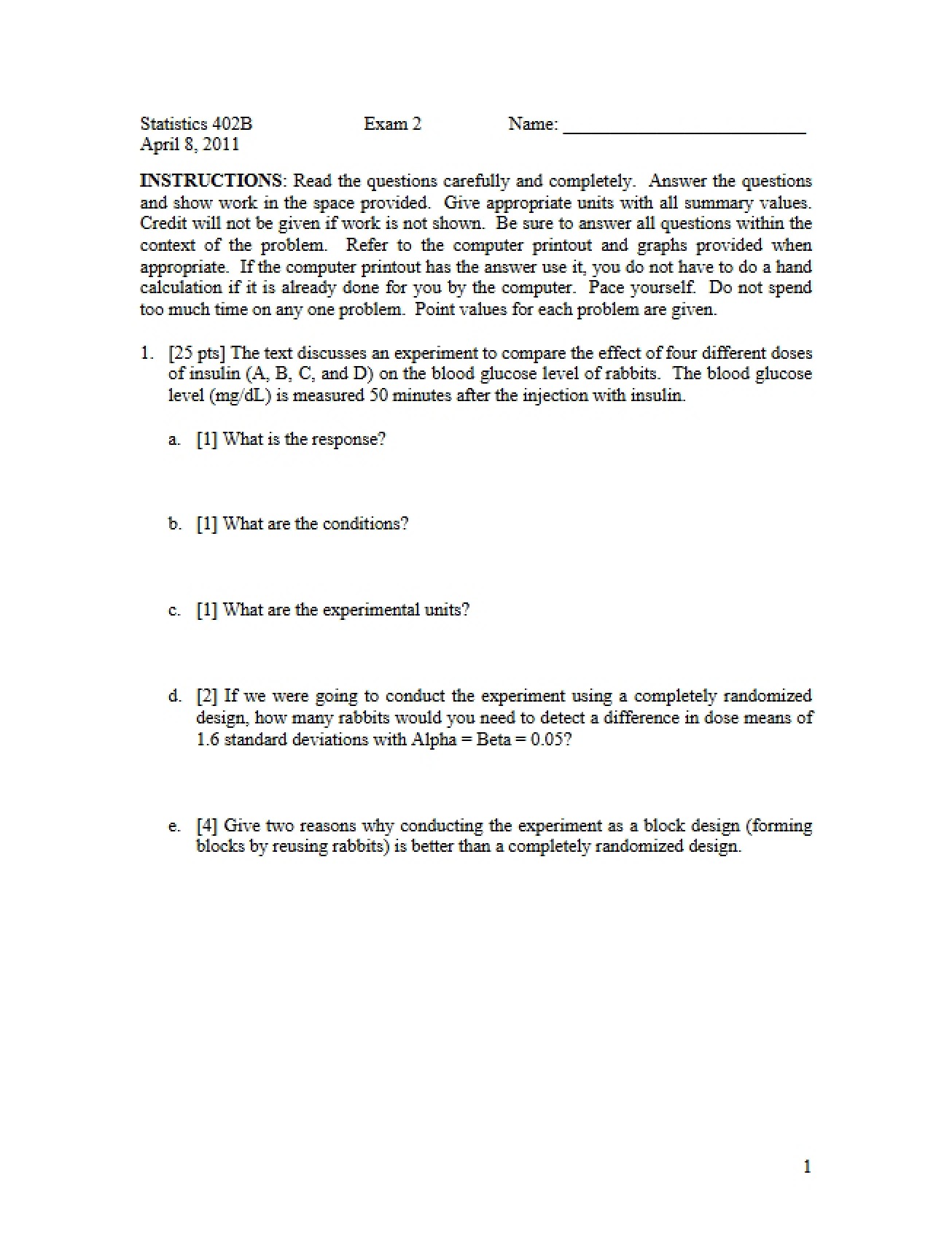 Second Examination from Spring 2011 in Statistical Design