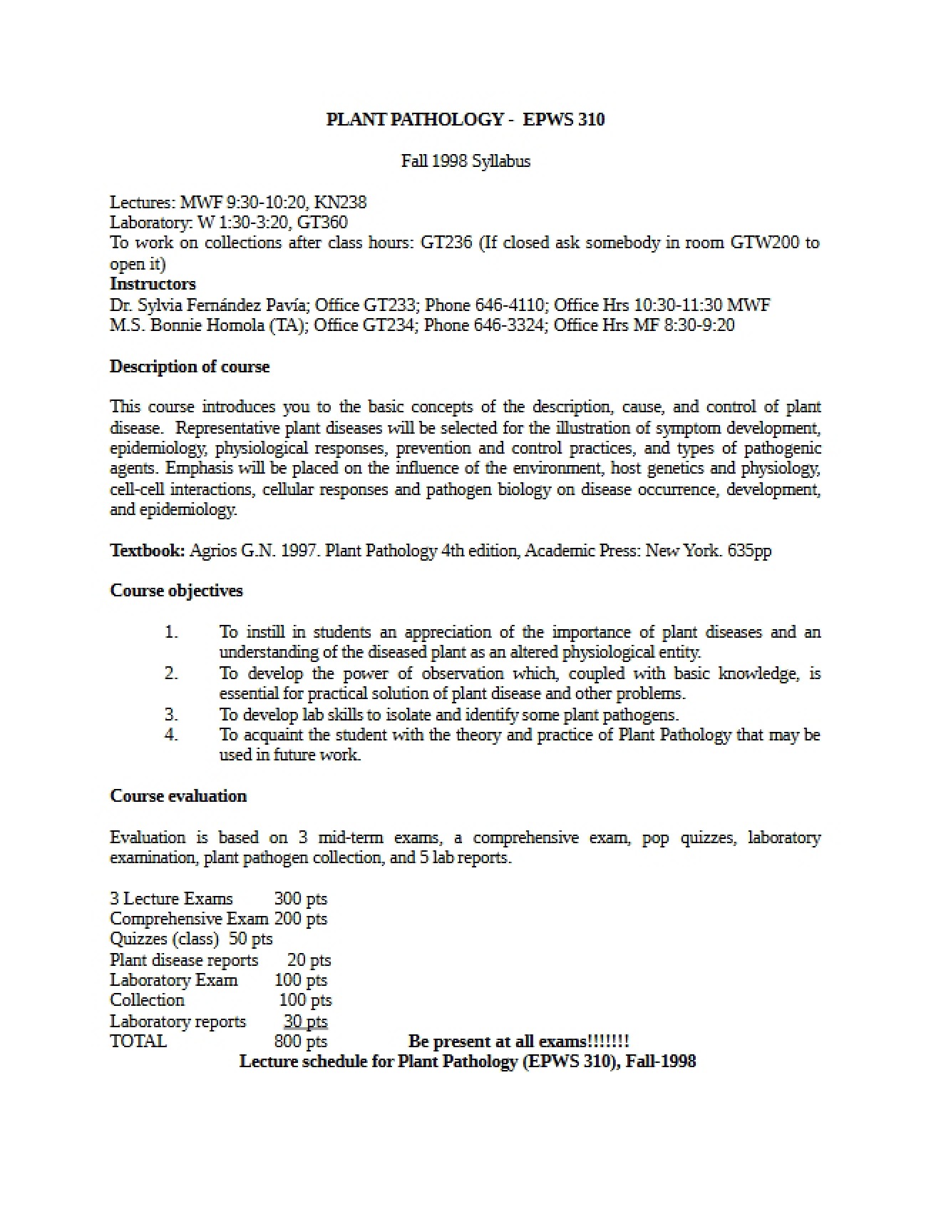 Syllabus from 1997 for a Plant Pathology Course