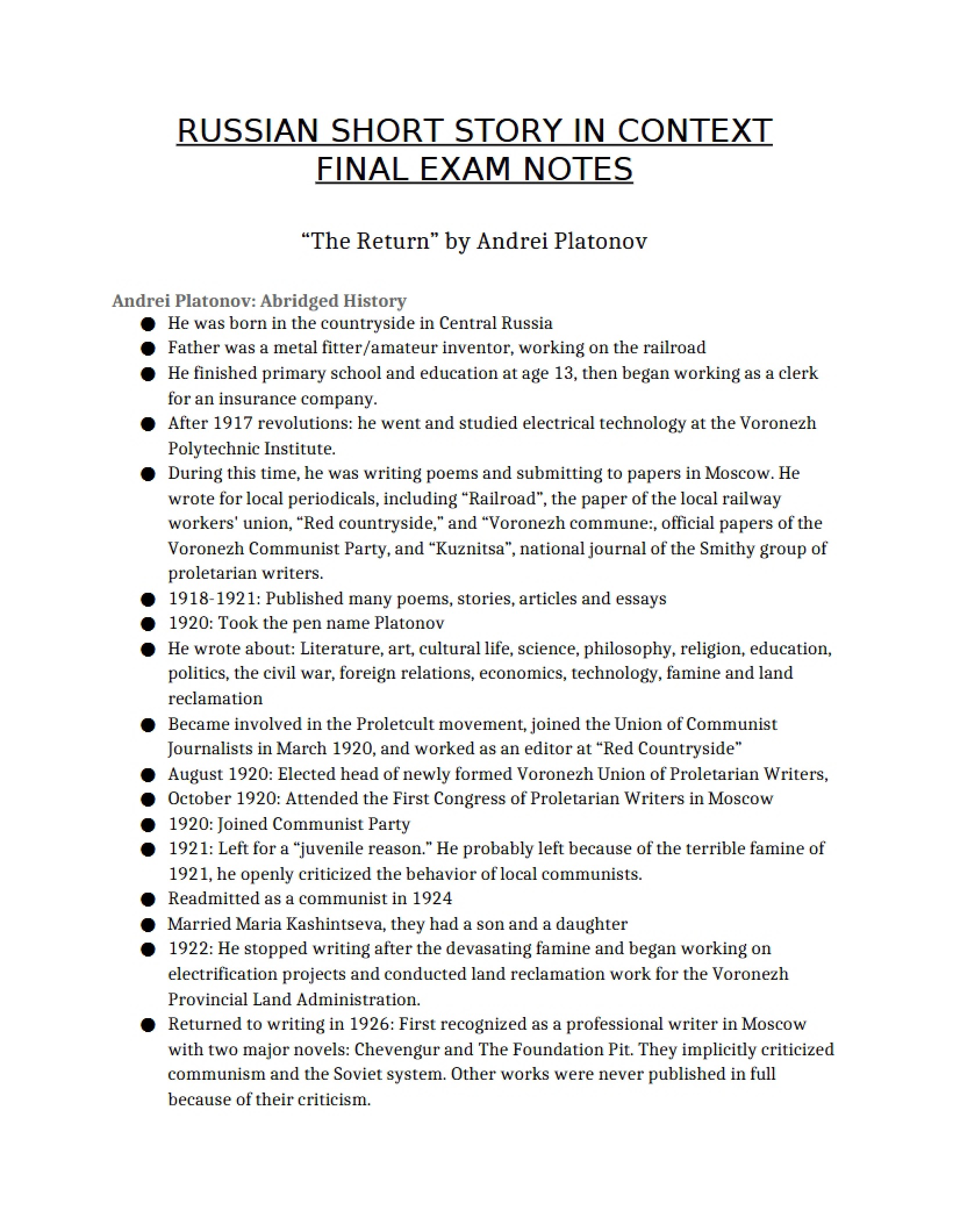 Short Story Final Notes