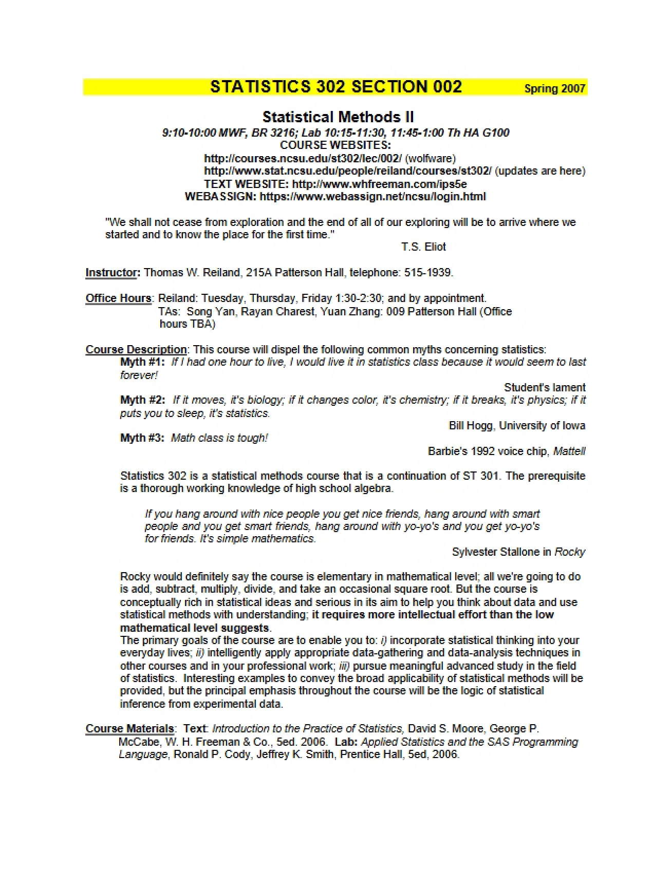Statistical Methods II Syllabus
