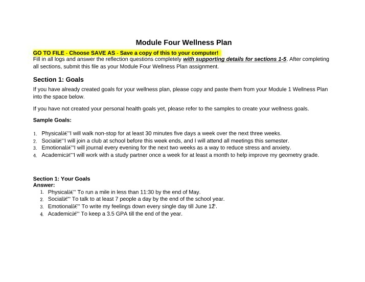 Wellness Plan Goals, Assessments, and Flexibility - Module Four