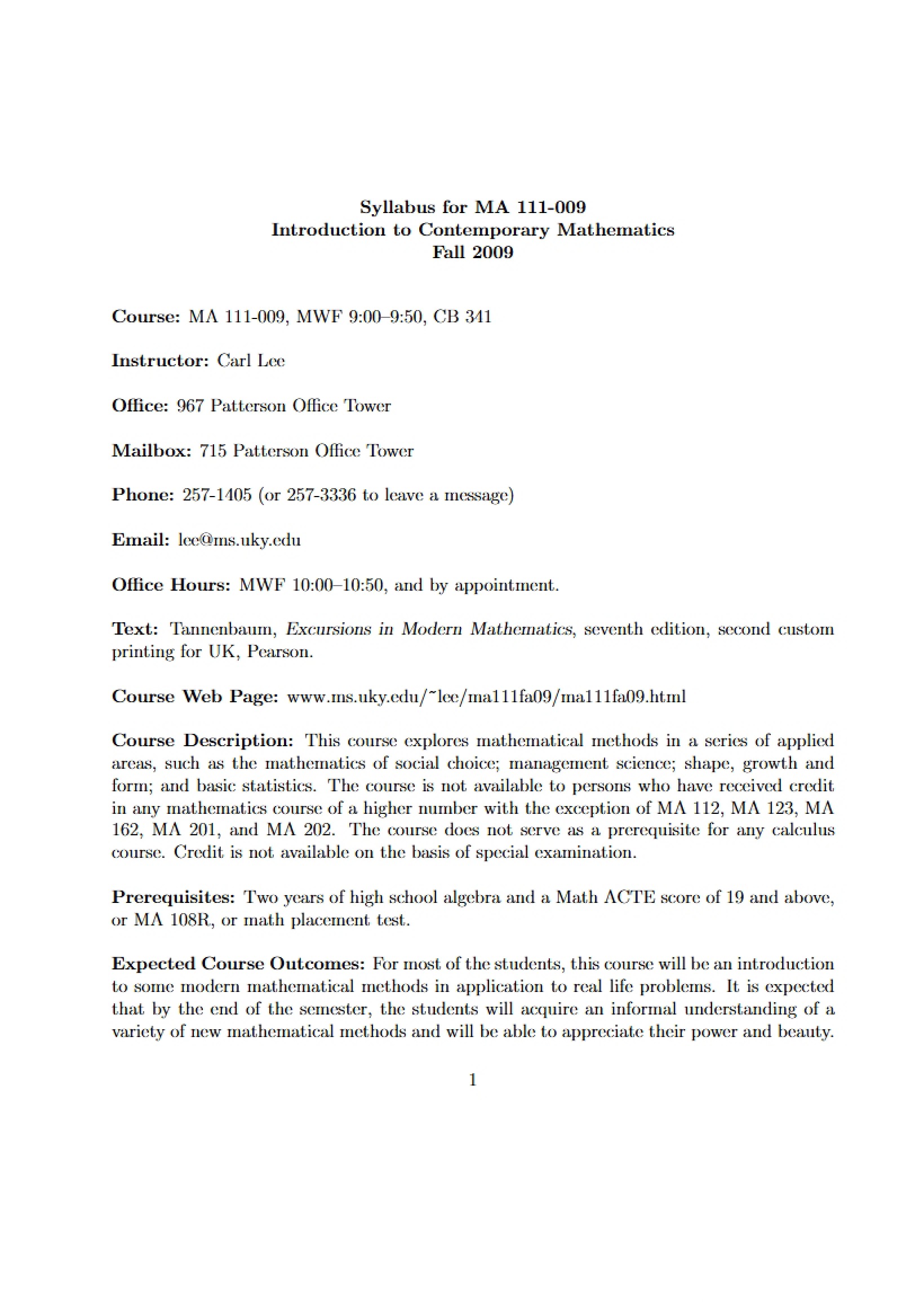 Course Syllabus Math 111