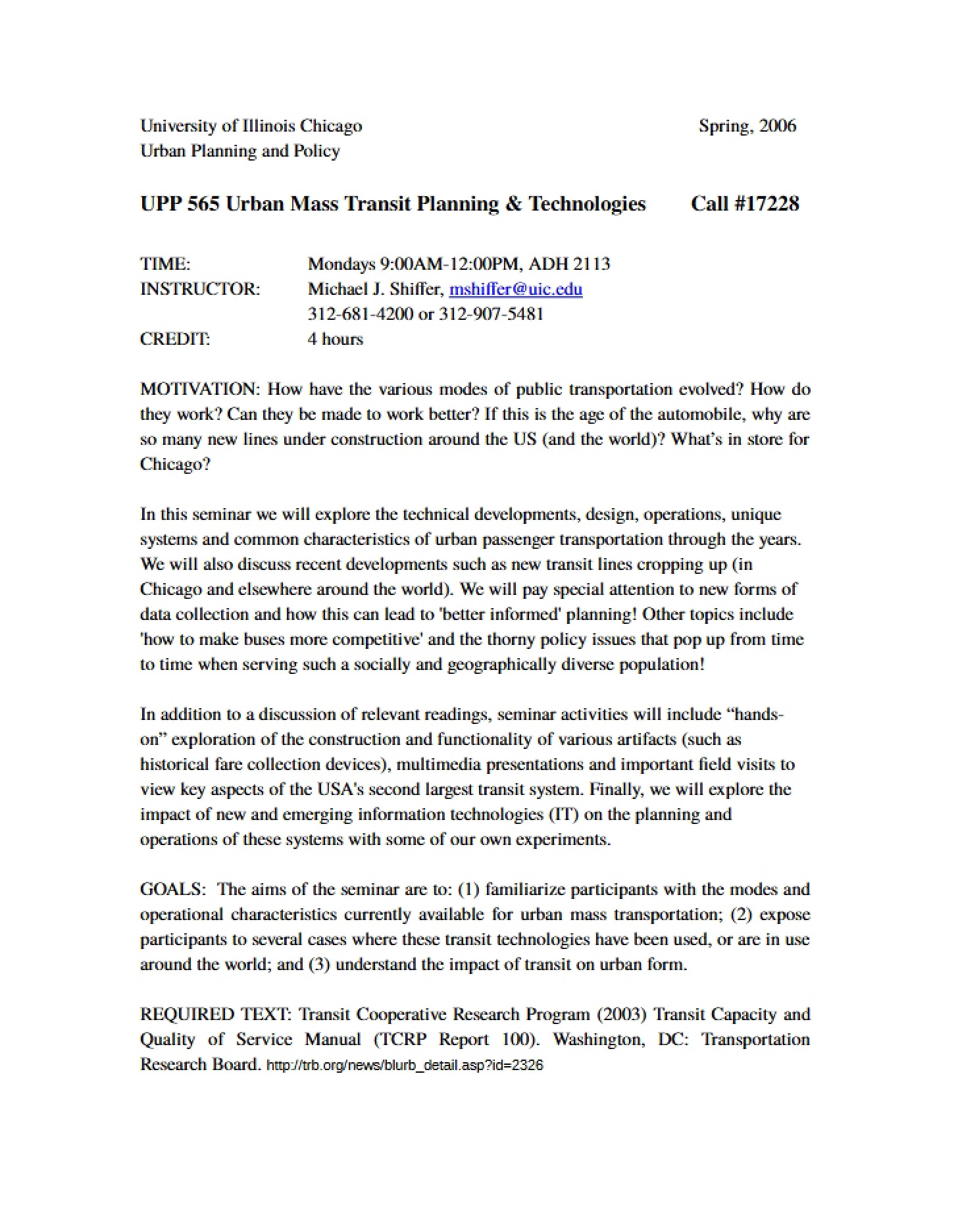 Urban Mass Transit Planning & Technologies (UPP 565)