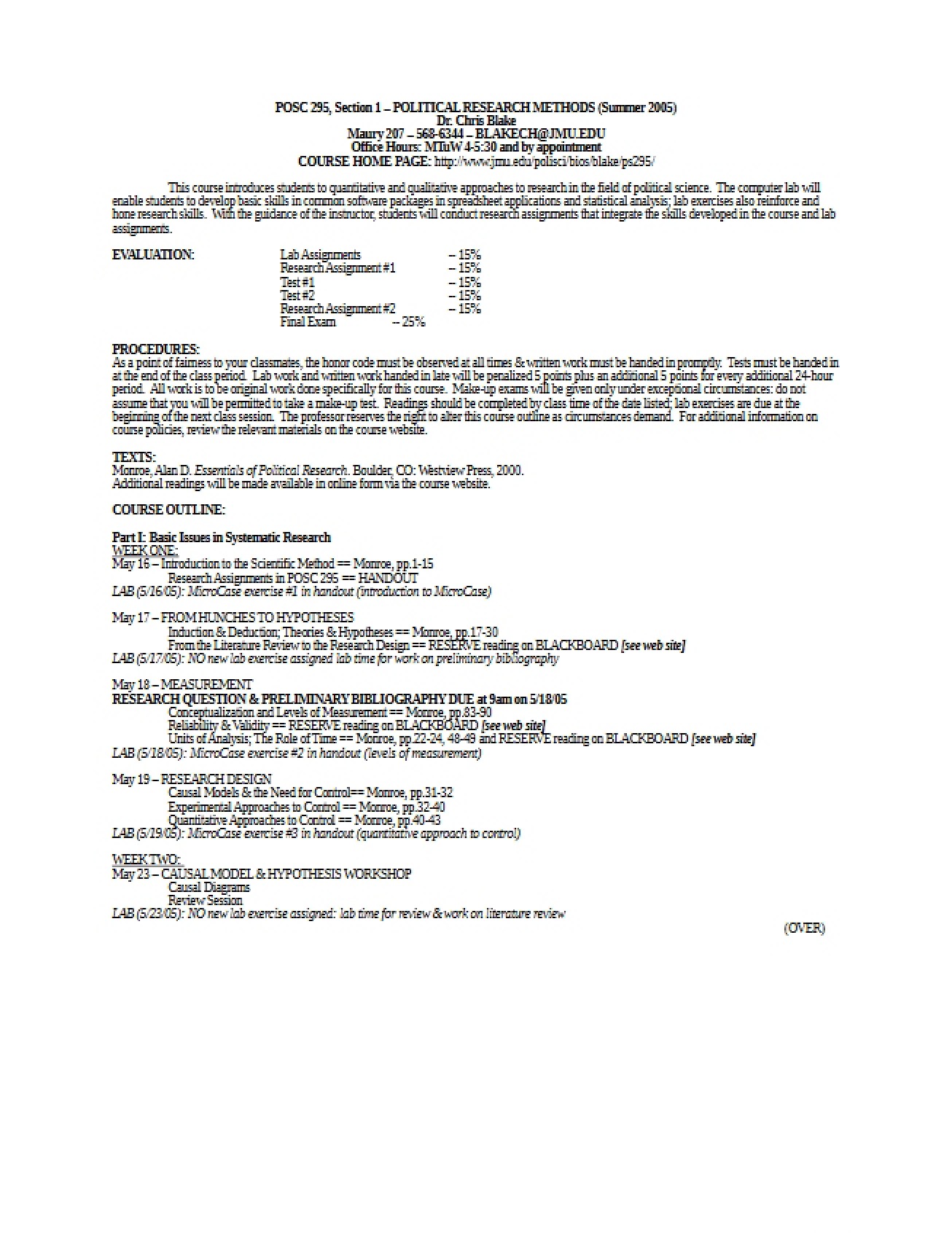 Course on Political Research Methods from the Summer of 2005