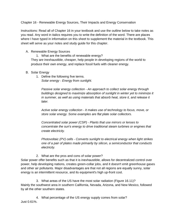 Notes on Renewable Energy Sources, Impacts, and Conservation