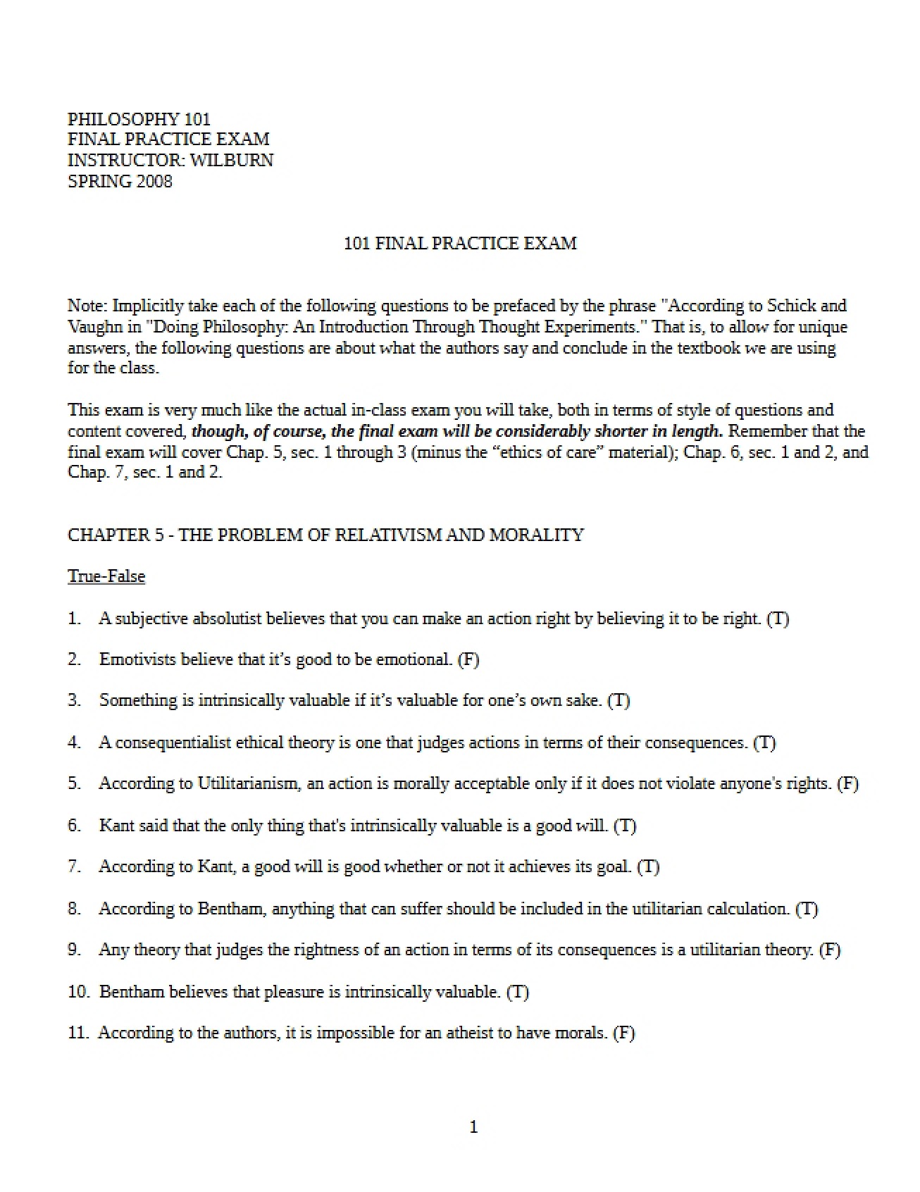 Practice Test for Final