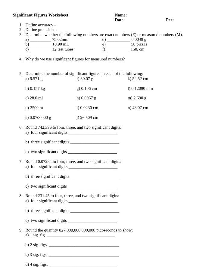 Worksheet on Significant Figures