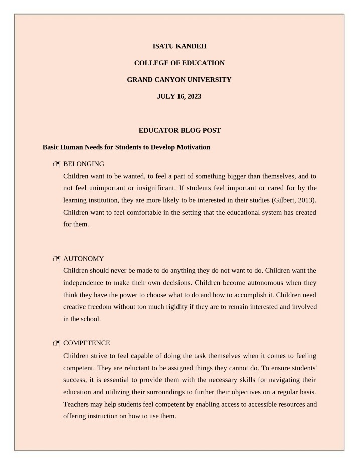 Basic Human Needs and Classroom Promoting Student Motivation
