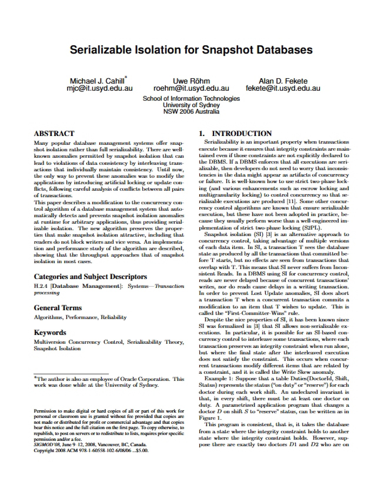 Snapshot Databases Serializable Isolation