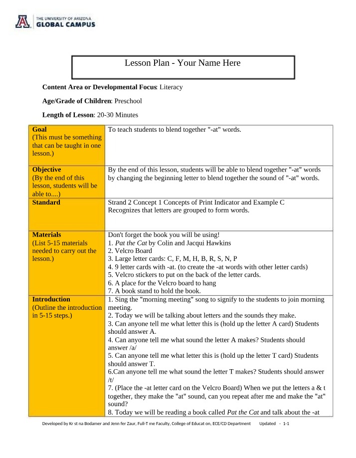 Preschool Word Blending Lesson Plan