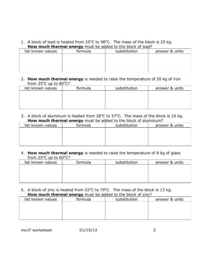 Worksheet for Thermal Energy Calculations
