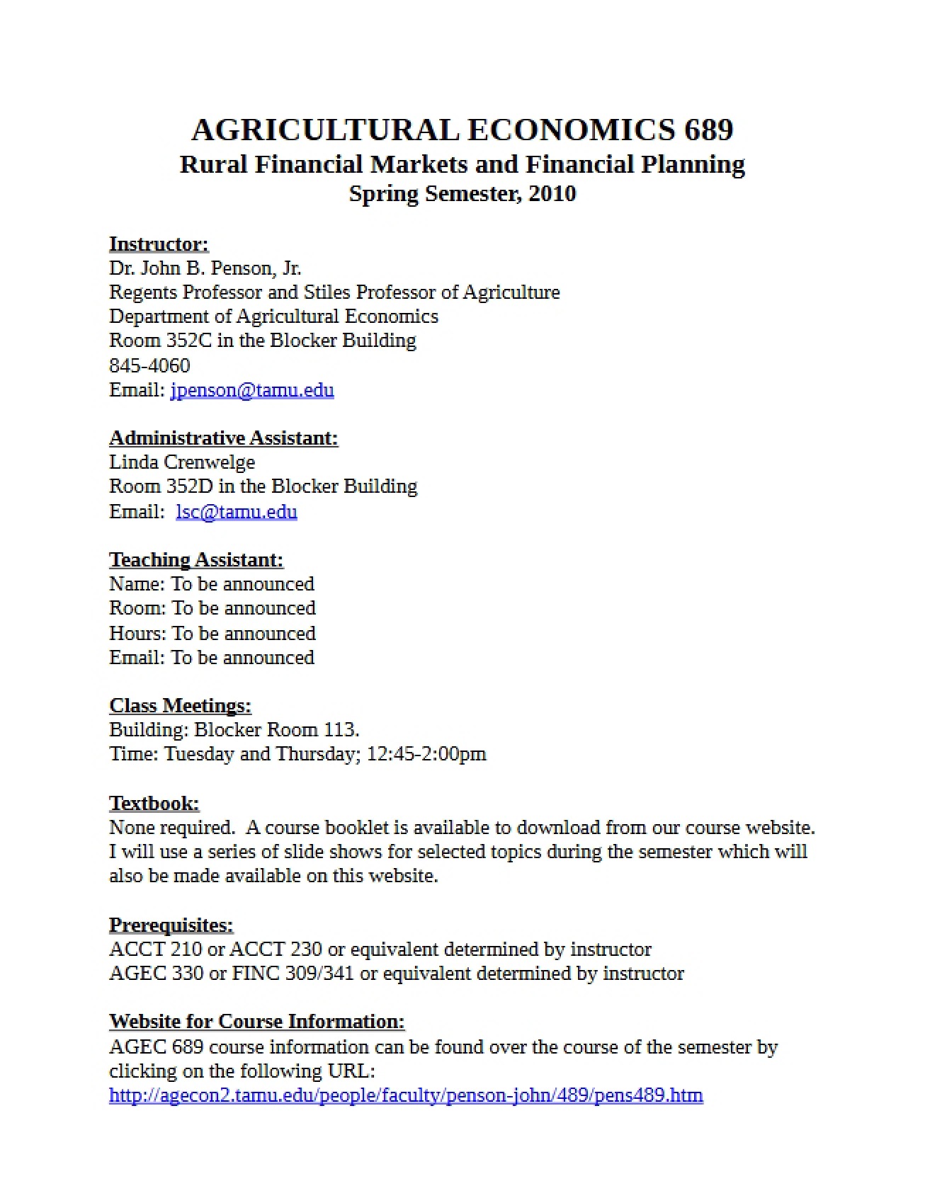 Syllabus for Special Topics from Spring 2010 - AGEC 689