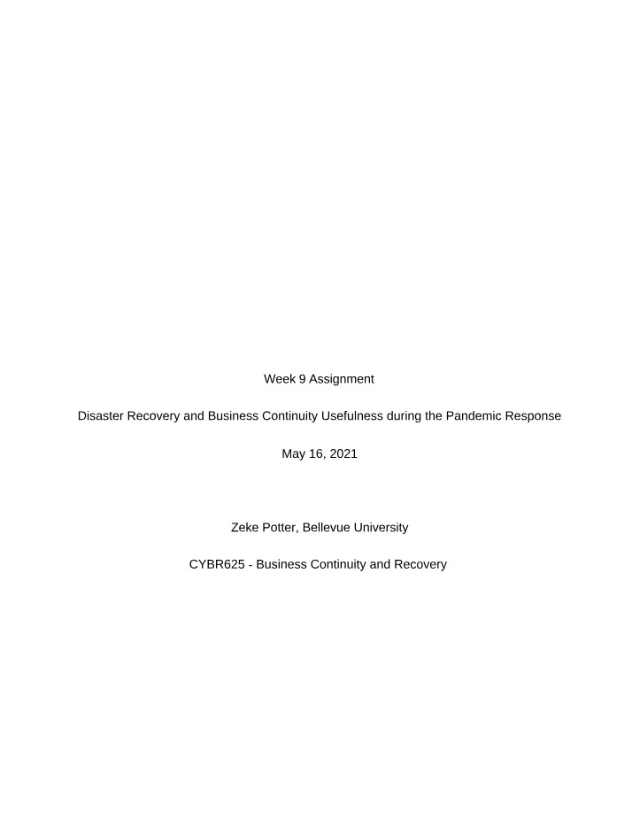 Week 9 Assignment - Disaster Recovery and Business Continuity Usefulness during the Pandemic Response