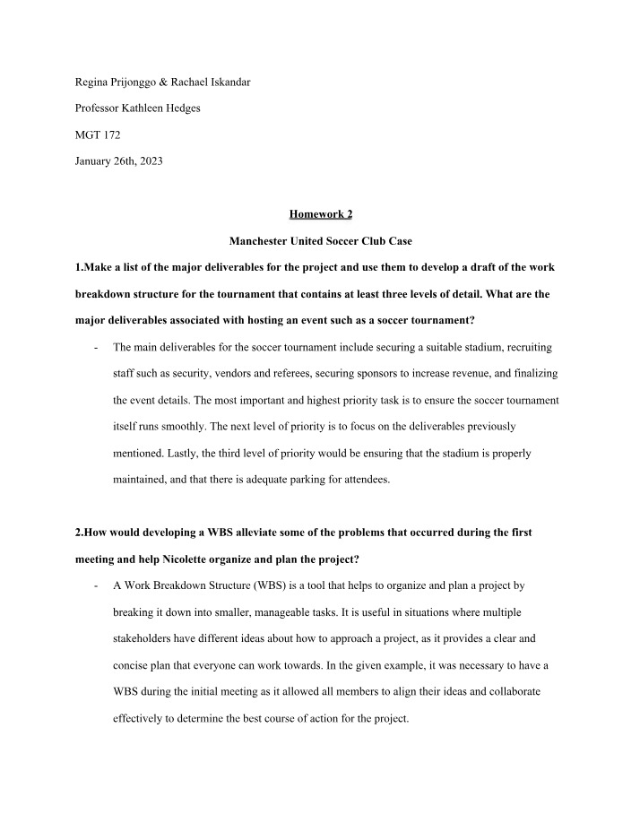 Work Breakdown Structure for a Soccer Tournament