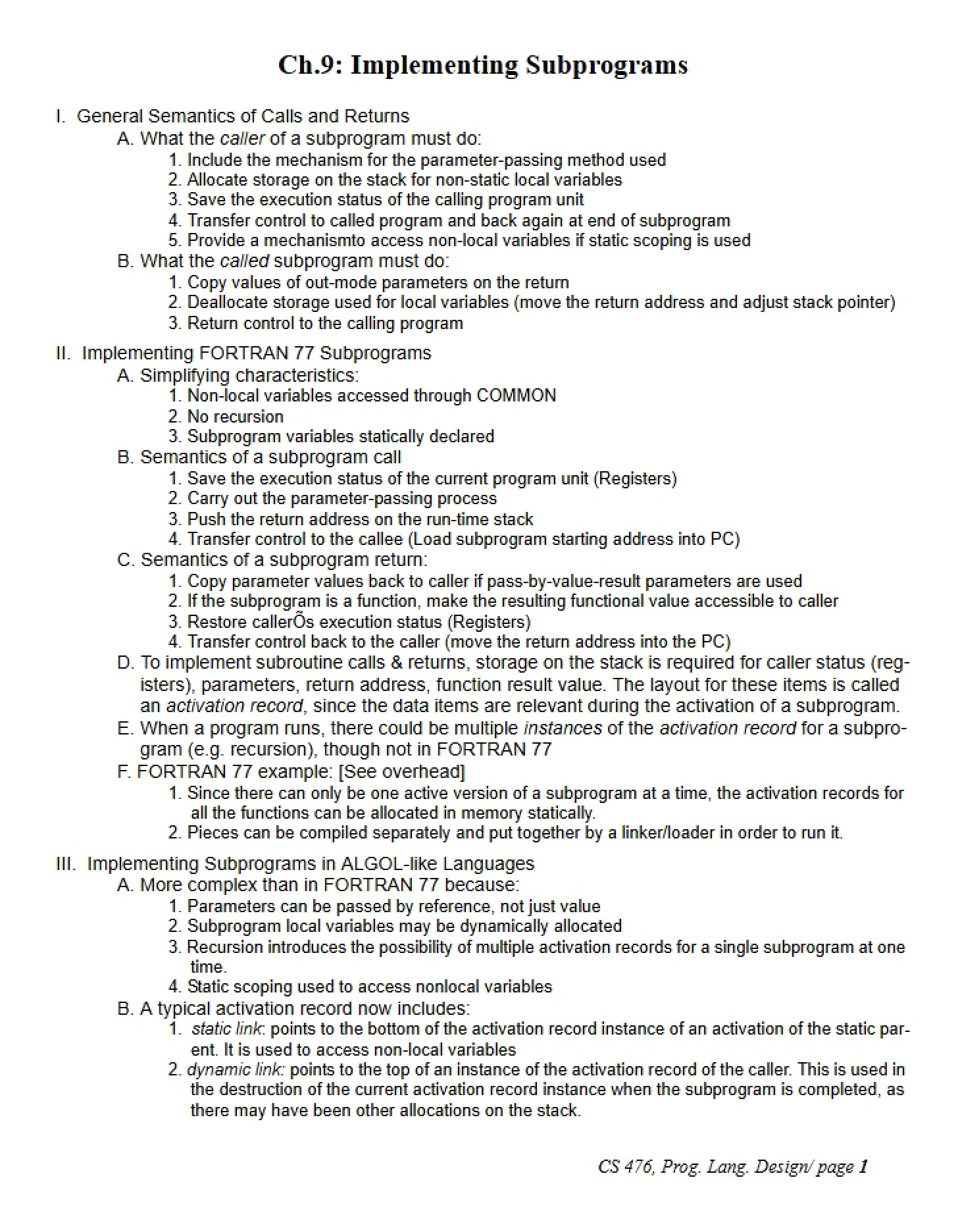 Implementing Subprograms (Ch. 9)