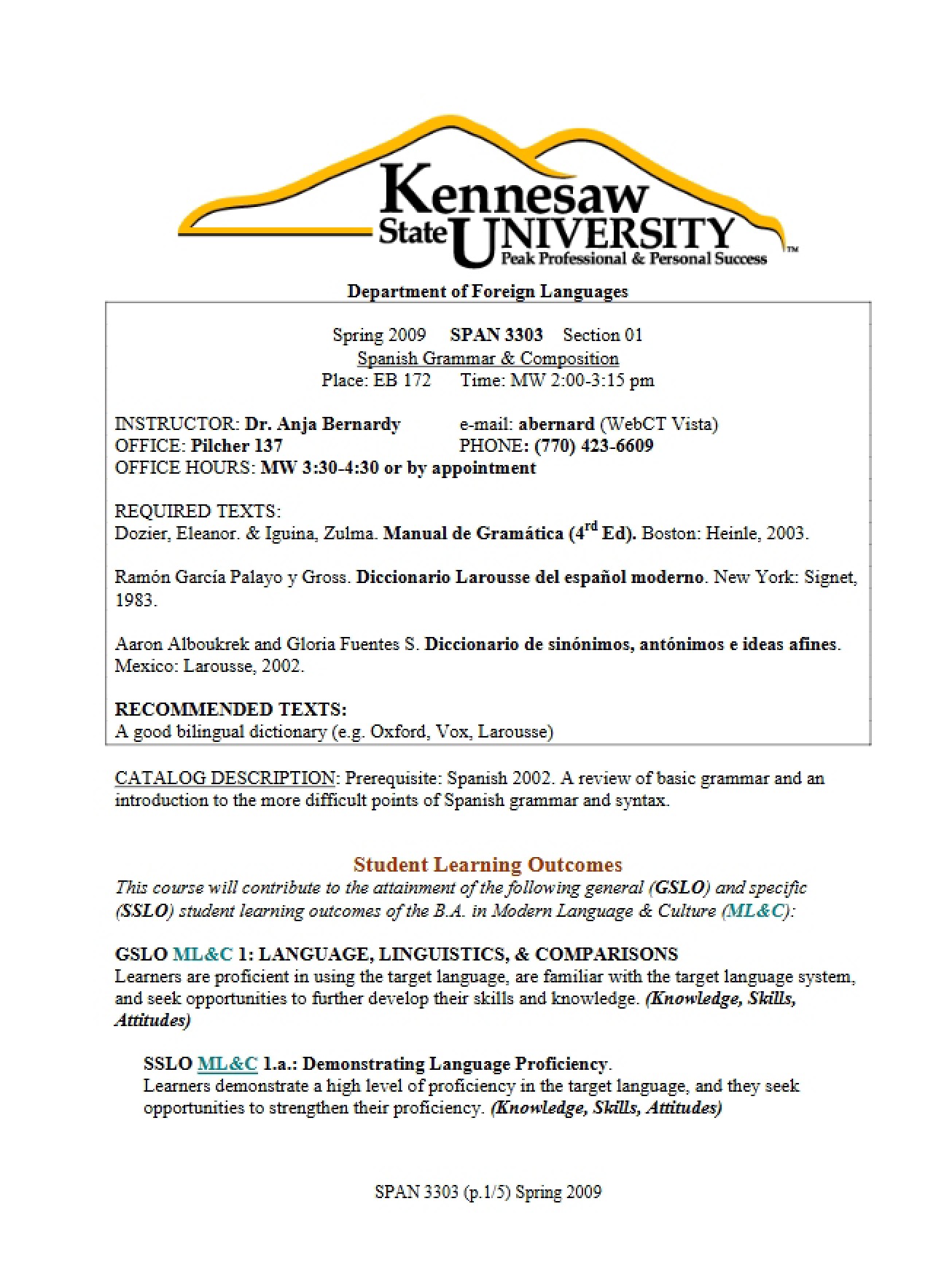 Course Information for Grammar & Composition