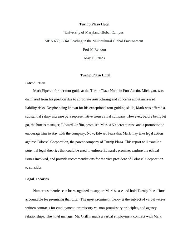 Legal Theories and Ethical Issues at Turnip Plaza Hotel - Enforcing Promises