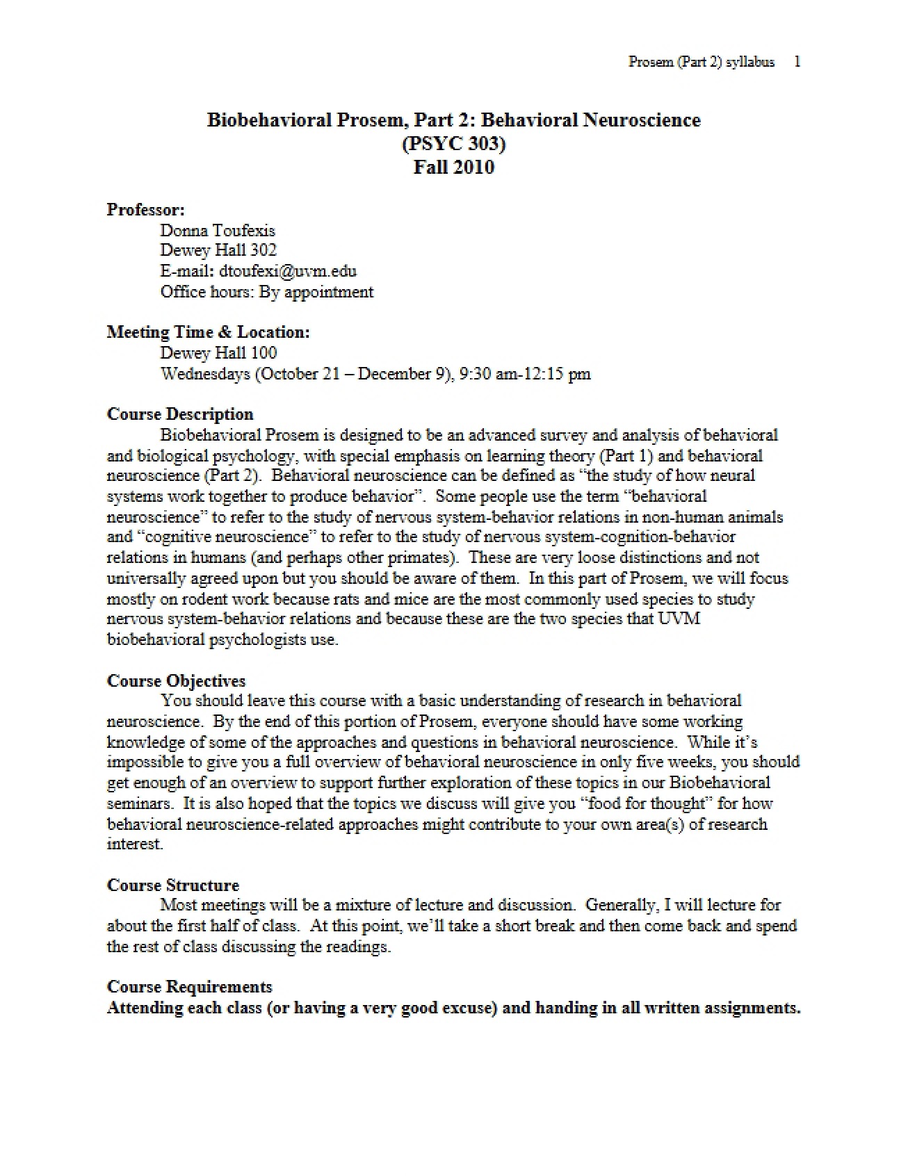 Biobehavioral Proseminar Class Syllabus