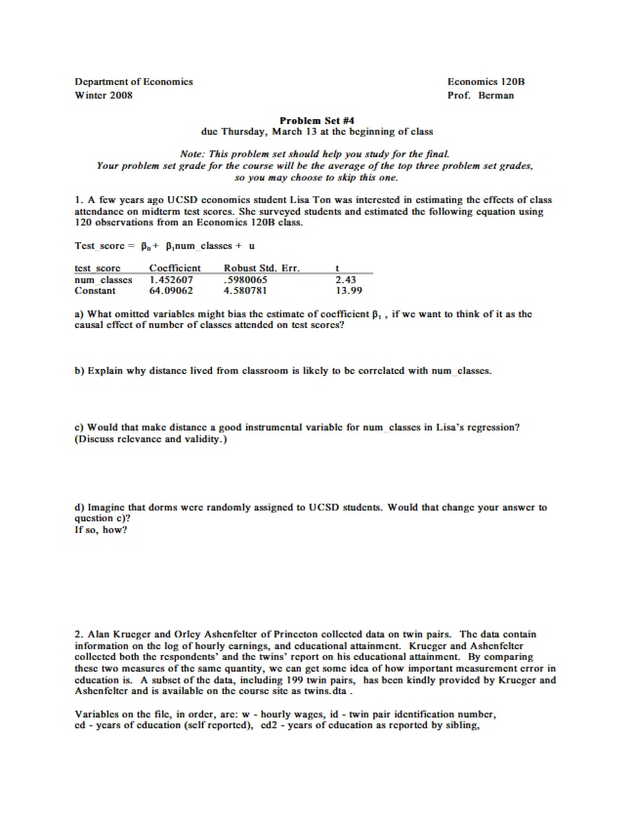 Econometrics B Assignment Four
