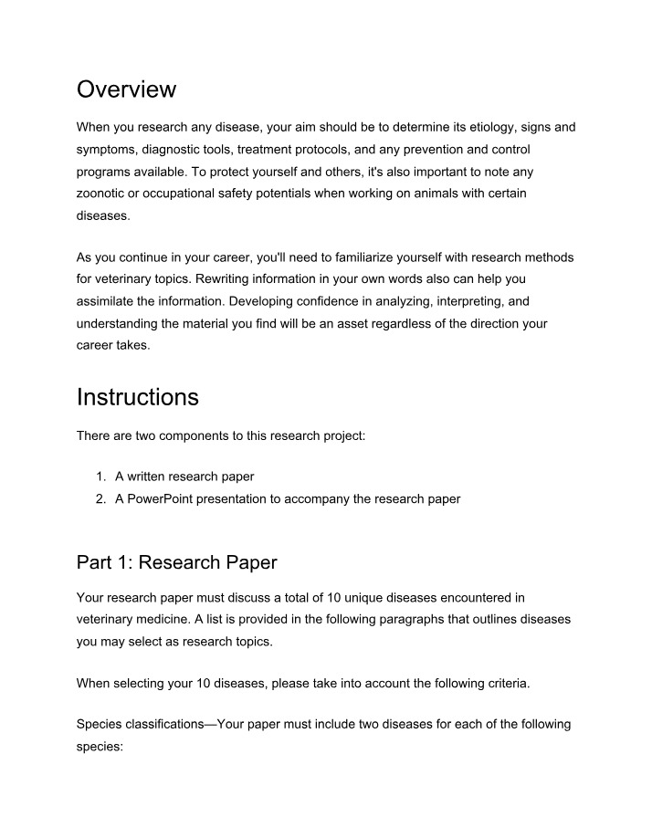 Guidelines for Veterinary Medicine Diseases Research Project