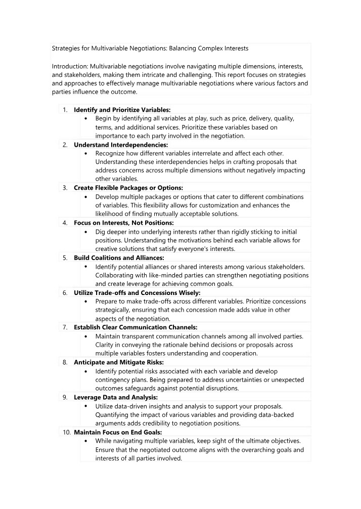 Multivariable Negotiations - Strategies for Balancing Complex Interests