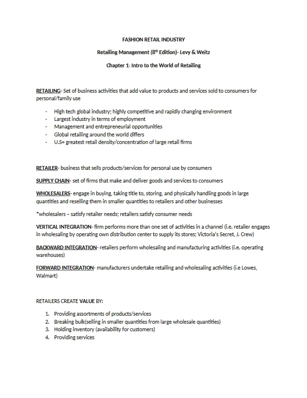 Introduction to Retailing (Chapter 1)