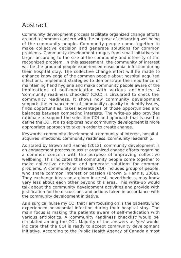 Community Wellbeing - Addressing Nosocomial Infections