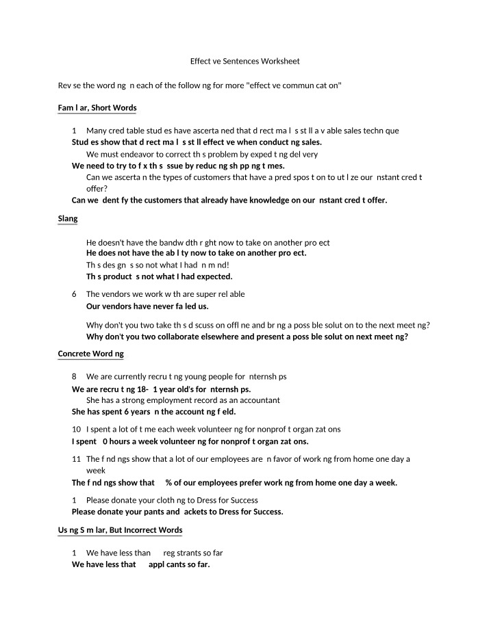 Worksheet on Effective Sentences