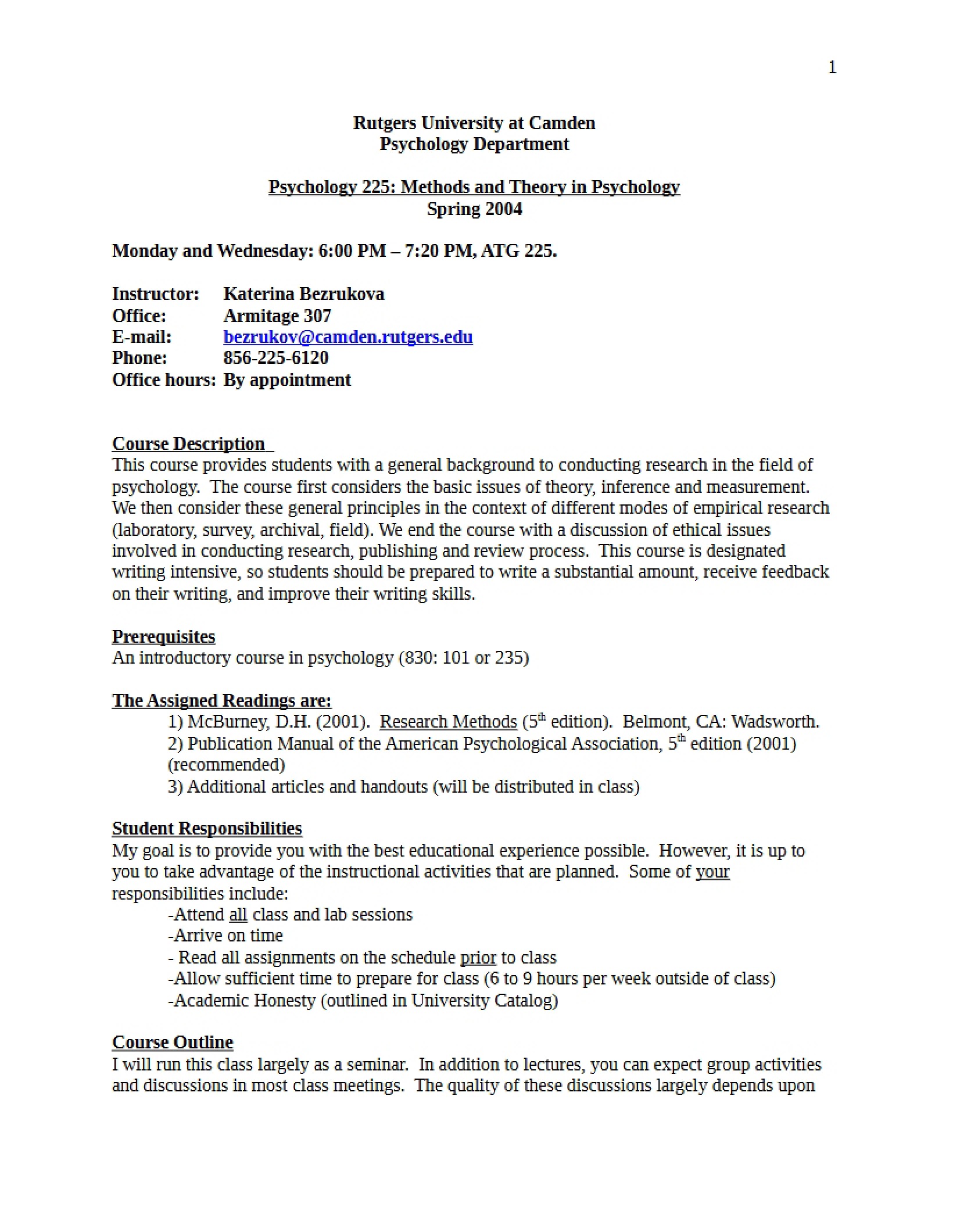 Methods and Theory in Psychology Syllabus