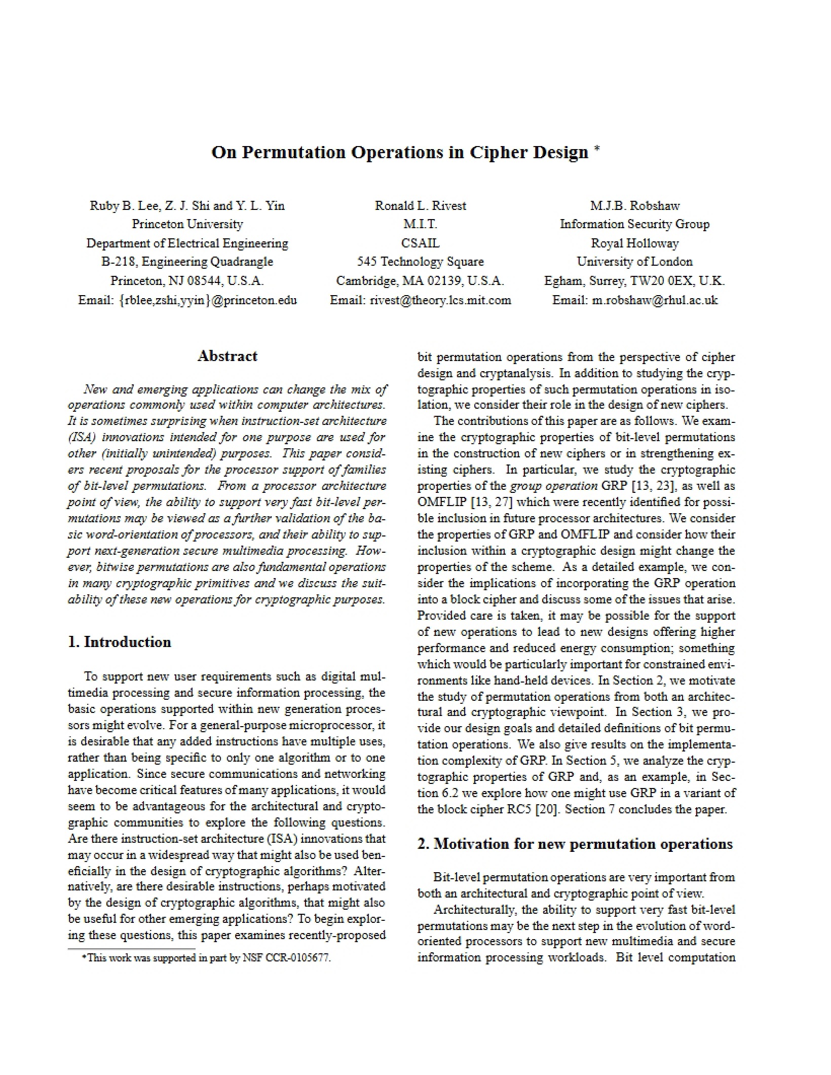 Cipher Design Permutation Operations