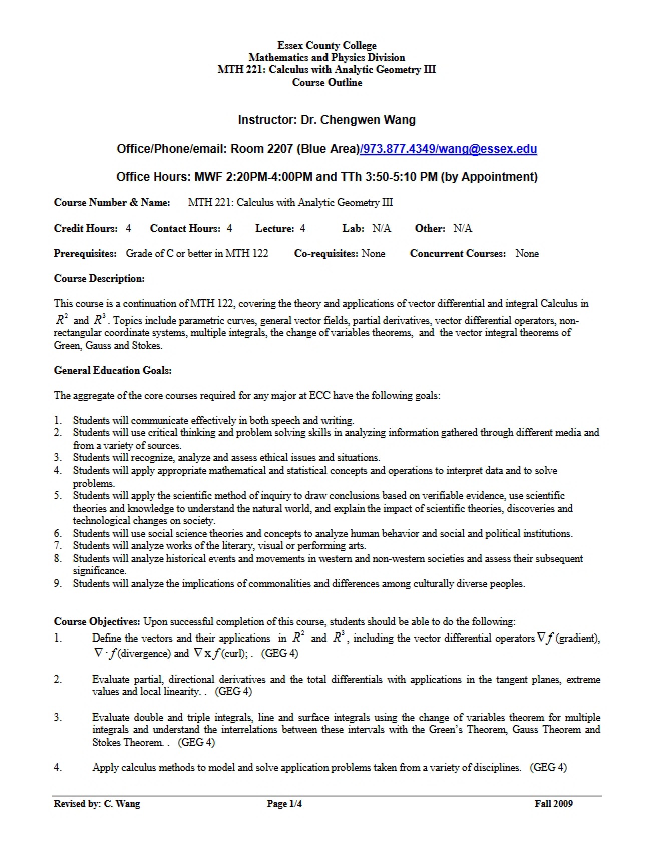 Syllabus for Calculus with Analytic Geometry Three