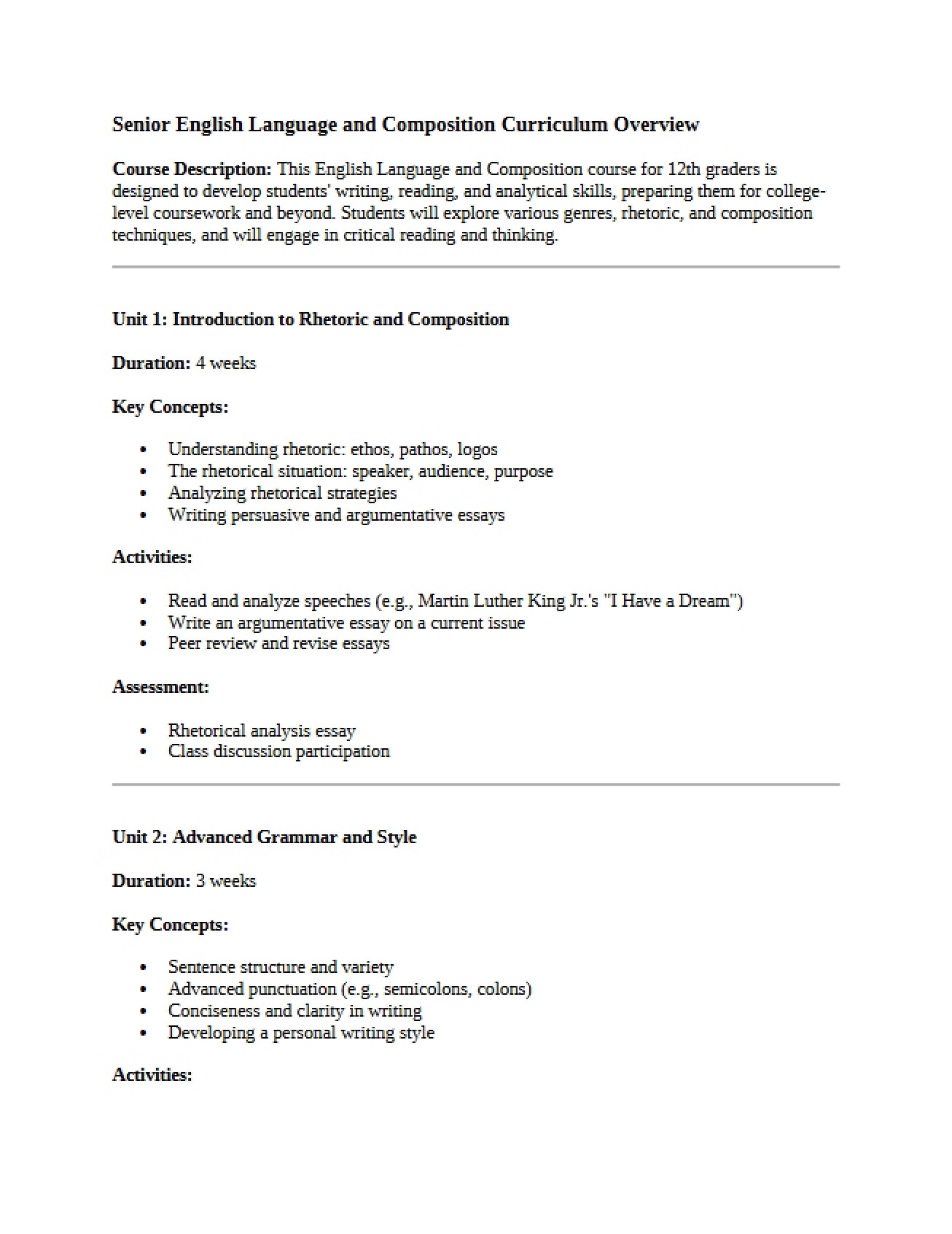 Overview of the Senior English Language and Composition Curriculum