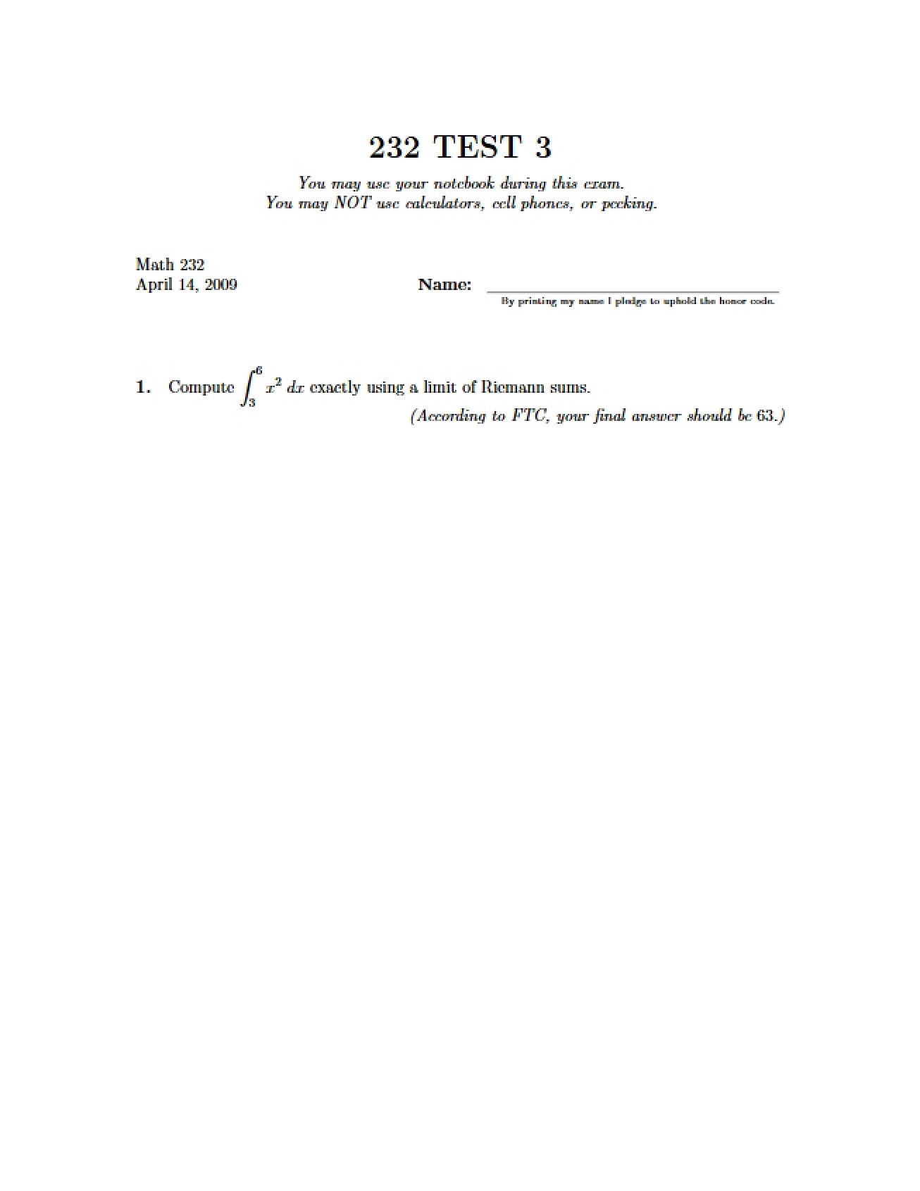 Third Test for a Course on Calculus with Functions II