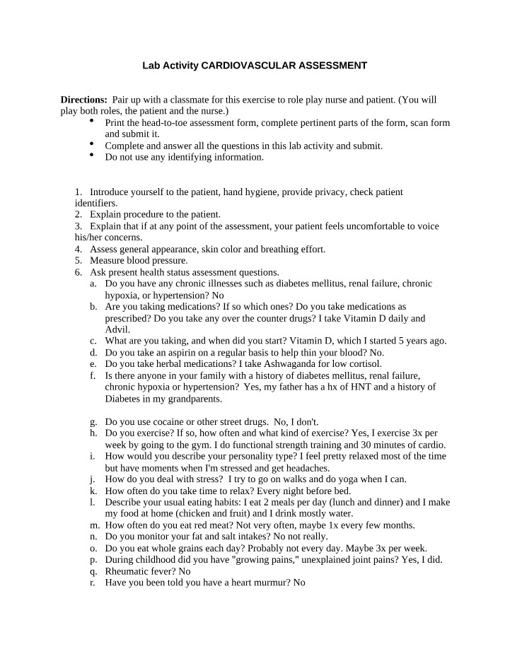 Cardiovascular Assessment Role Play Lab Activity
