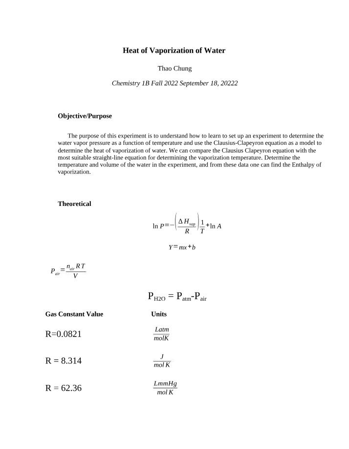 Experiment Results - Heat of Vaporization of Water