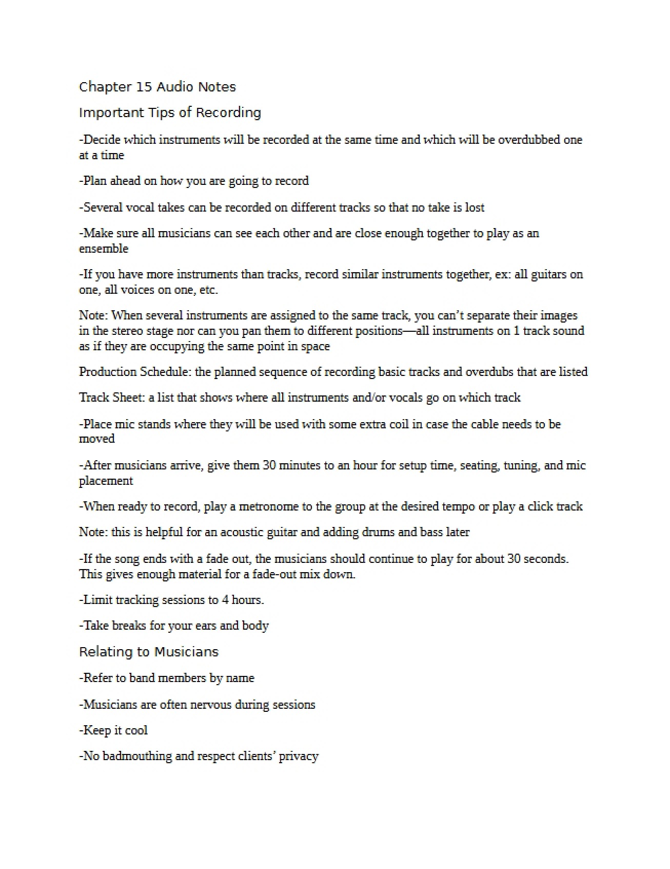 Fifteenth Chapter Notes on Audio