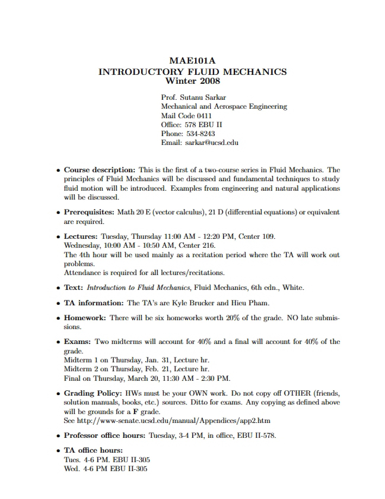 Fluid Mechanics Introductory Outline