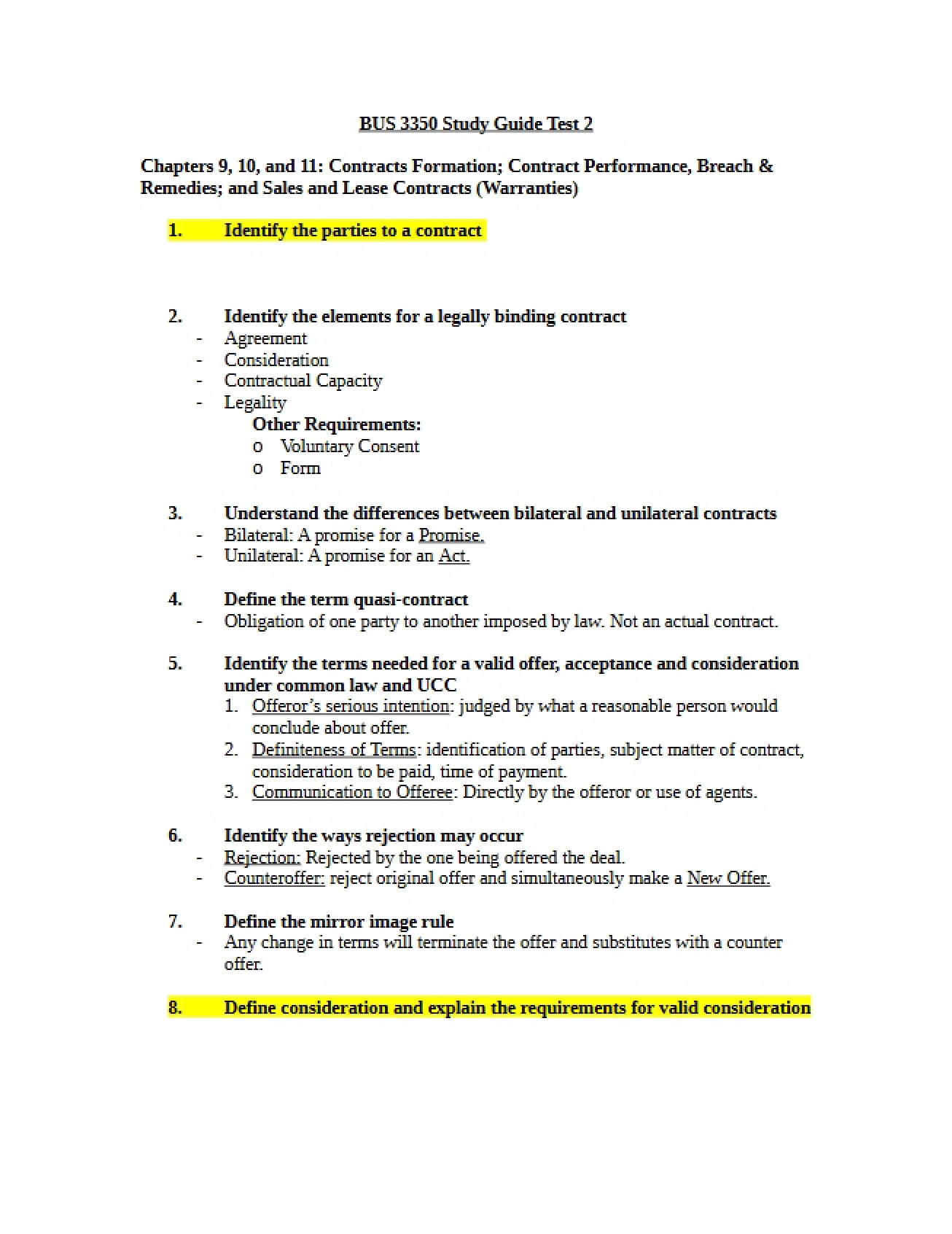 Study Guide for Exam Two