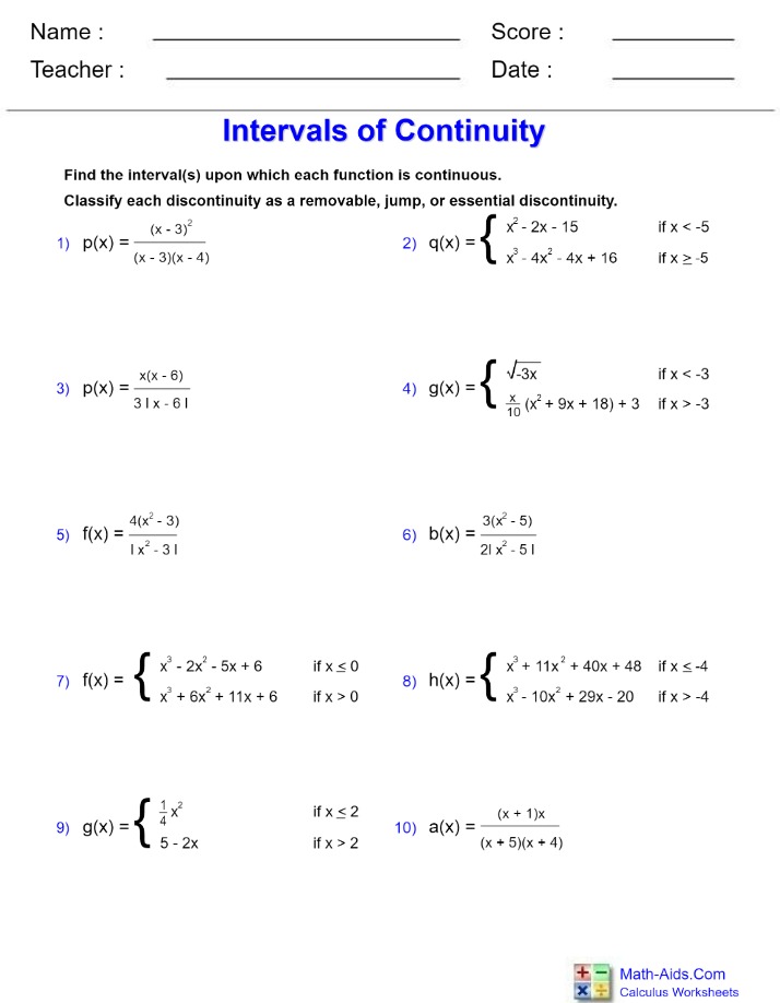 Calculus Worksheets - Intervals of Continuity